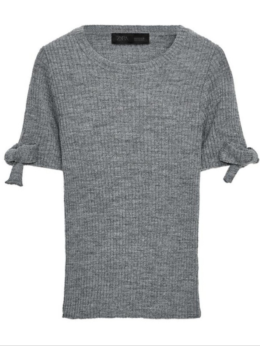 Zara Ribbed Knit Short Sleeve Top With Bow Detail